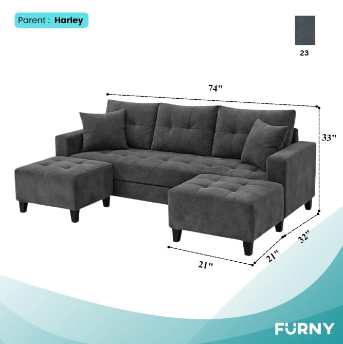 Image of SLEEPIFY Harlon Velvet-Suede Fabric 3 Seater Sofa Set with 2 Ottoman (Dark Gray) | Comfortable & Spacious Seating | Modern Sofa Set for Living Room | Soft Touch Upholstery