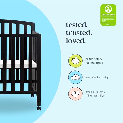 DaVinci Dylan 3-in-1 Convertible Portable Mini Crib, Ebony | GREENGUARD Gold Certified - Folding Baby Crib With Wheels, 4 Adjustable Mattress Heights, Conversion Kit Sold Separately - image 3