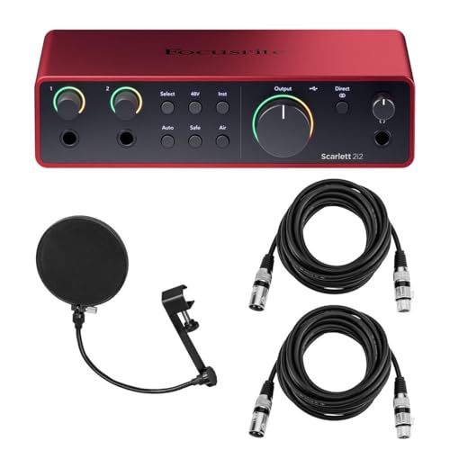 Focusrite Scarlett 2i2 ��4���� USB�I�[�f�B�I�C���^�[�t�F�[�X �\�t�g�E�F�A�X�C�[�g�t���A15�t�B�[�g XLR�}�C�N�P�[�u��2�{�ƃO�[�X�l�b�N�ƒ��߉\�ȃm�u�t���|�b�v�t�B���^�[(4�A�C�e��)