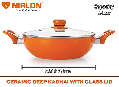 Image of NIRLON 4 Layer Ceramic Non-Stick Induction Cookware 8 Pieces Combo Set (Dosa Tawa, 2 Deep Kadhai 2 Liter & 3 Liter, Grill Pan, Deep Casserole 3.6 Liter) Orange Colour