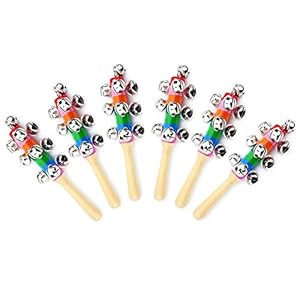 6Pcs Wooden Jingle Hand Bells,Rainbow Handle Wooden Bells Jingle Stick Shaker Rattle Baby Kids Children Musical Toys