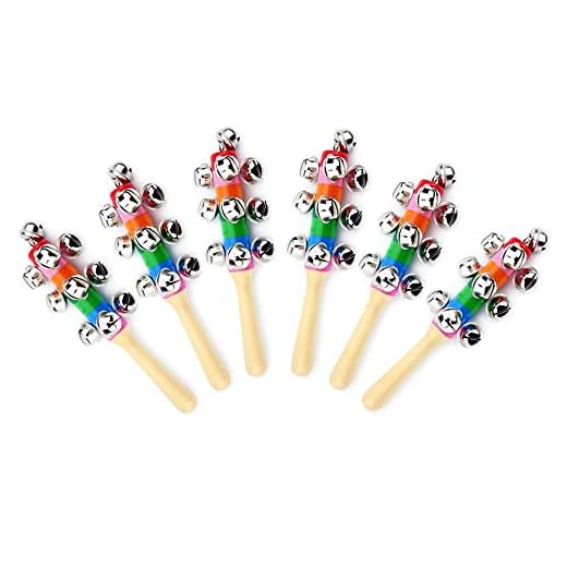 ZEAVOLA 6Pcs Wooden Jingle Hand Bells,Rainbow Handle Wooden Bells Jingle Stick Shaker Rattle Baby Kids Children Musical Toys