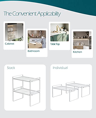 Shantton 2 Pack Kitchen Cabinet Shelf Counter Organizer Rack Pantry Storage Bathroom Bedroom Office Table Desk Space Saving Steel Frame Stackable Rust Resistant Non Slip White