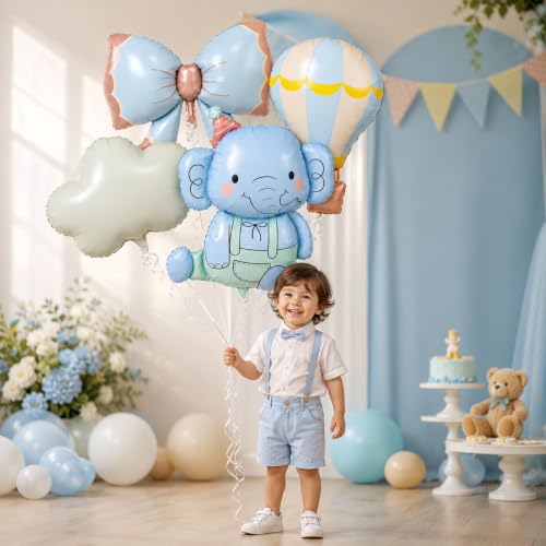 Image of Rozi Decoration Elephant Foil Balloons 4 Pcs Set for Birthday Decoration, Blue Elephant, Bow, Hot Air Balloon and Cloud Foil Balloons for Kids Party