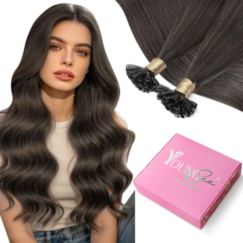 Image of YoungSee U Tips Hair Extensions Real Human Hair Mocha Brown Utip Hair Extensions Human Hair Ash Brown Keratin Hair Extension Human Hair 14 Inch Fusion Ktips Hair Extension 50g 50 Strands