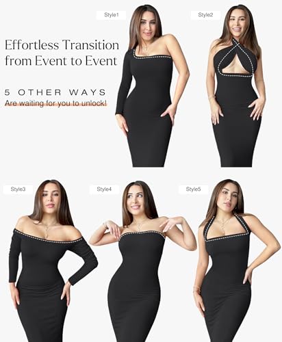 Popilush Shapewear Dress Maxi Bodycon Dress Built in Bra Bodysuit for Women Long Sleeve 8 in 1 Black Dresses with Shapewear