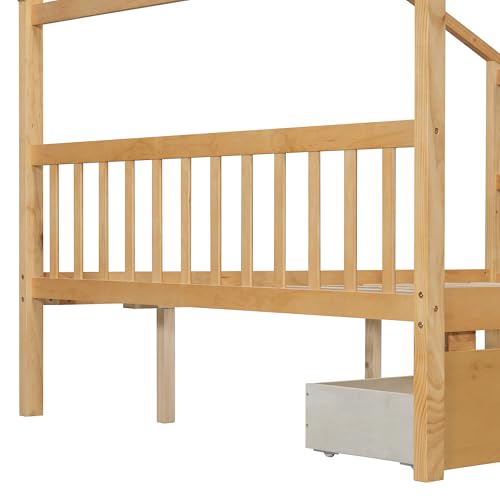 Image of Full Size House Platform Bed with Roof and 2 Drawers, Solid Wood House Daybed Frame with Headboard and Slat Support for Kids Teens Girls Boys Bedroom, Can Be Decorated (Natural-03, Full)