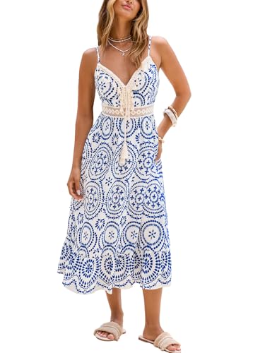 CUPSHE Robe d'été mi-longue bohème avec bretelles spaghetti en crochet et col en V et cordon de serrage à la taille pour la plage, les vacances, Motif...