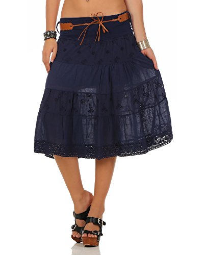 ZARMEXX Falda del verano de la falda de algodón de las señoras decorativo hasta la rodilla con cinturón de algodón (Talla única 36-42)