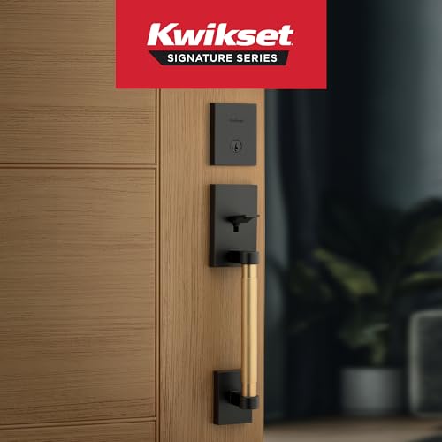 Image of Kwikset Prava Front Door Lock Handle and Deadbolt Set, Entry Handleset Exterior with Interior Reversible Lever, Matte Black and Satin Brass, Pick Resistant SmartKey Deadbolt