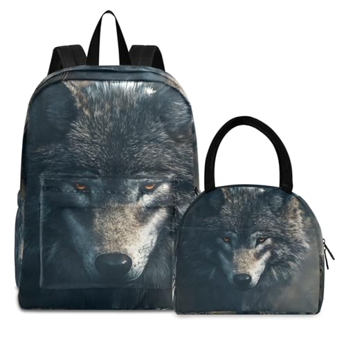 Backpack Lunch Bag Set Map Wolf Print, Big Storage Travel Backpacks with Insulated Lunch Box for Office Hiking Picnic