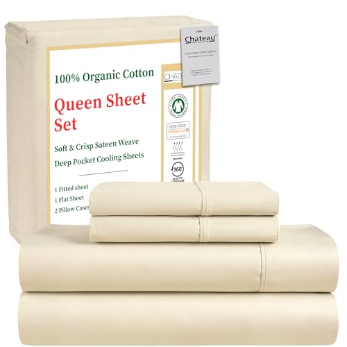 Queen Sheet Set- 100% Organic Cotton Sheets Queen &ndash; GOTS & OEKO-TEX Certified Sateen Weave Soft...