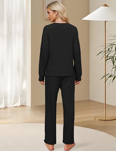 Image of Blooming Jelly Women Ribbed Long Sleeve Pajama Sets Fall Loungewear Pockets