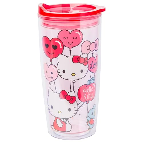 Image of Silver Buffalo Sanrio Hello Kitty Love, Tumbler with Slide Close Lid, 20oz | Valentine Heart Balloons, Day, Double Wall Travel, 0.59 Liters