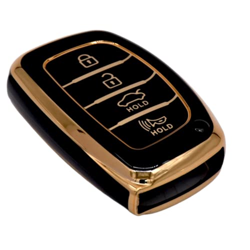 Image of KMH TPU Gold Car Smart Key Cover Compatible for Hyundai Alcazar Creta 2022 Venue i20 Tucson Elantra 4 Push Button Smart Key Shell Case Holder, Key Protector (Black Gold) Pack of 2