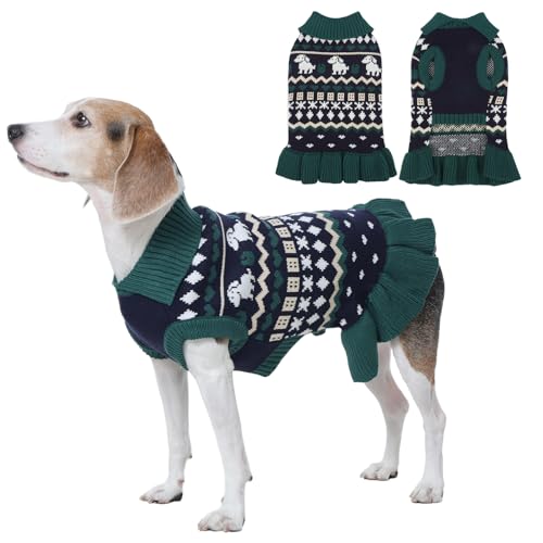 IECOii 犬用セーター ニット 犬 服 ソフト 厚み 可愛い スカート付き 保温服 犬服 秋冬 早春 防寒対策 着脱が簡単 中型犬 しばいぬ フレブル ハロウィン クリスマス 誕生日 新年 グリーン L
