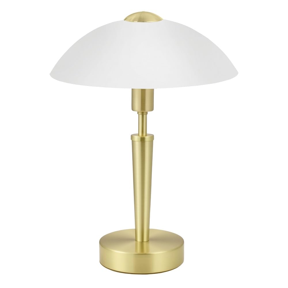 Britalia Touch Table Lamp, Brass, Matt Brass, White, Glass, E14, 35cm x 26cm, 0.97kg, White Glass Shade, Touch Dimmer