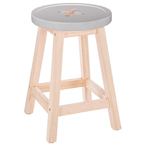 Atmosphera – Tabouret Robuste Pieds Bois Naturel, Assise Forme Bouton Coloris Gris