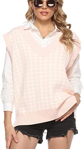 Yimoon Women's Loose Houndstooth V Neck Sleeveless Knitted Sweater Vest 2 Yimoon Women's Loose Houndstooth V Neck Sleeveless Knitted Sweater Vest