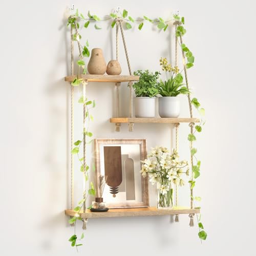 Hanging Shelf with Vine Lights 3 Tier Boho Plant Wall