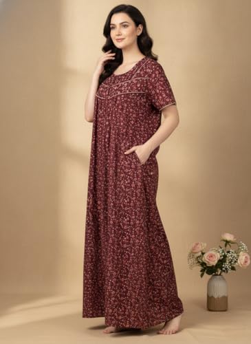 Image of Bahumaan Cotton Nighty for Women Full Length Stylish | Floral Print Cotton Maxi Dress for Women with Pocket | Sleepwear Gown for Women