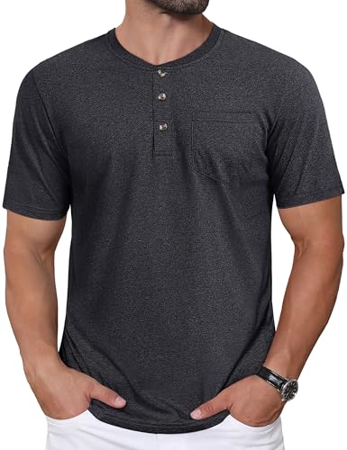 CRYSULLY Men's Henley Shirt Short Sleeve Cotton T-Shirts Pocket 3 Button Tops Lightweight Casual Basic Tee
