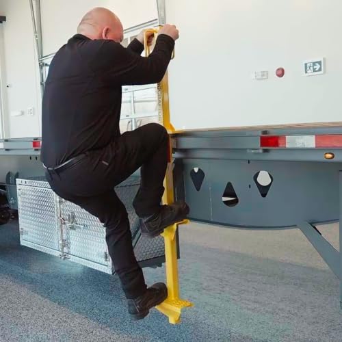 Image of RIGCRAFTOR - Heavy Duty 2-Step Aluminum Truck Tailgate Ladder - Non-Slip Surface with 3 Secure Contact Points - Quick, Stable Access for Flatbed Trailers - Foldable, Portable Truck Step - Yellow