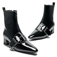 AlureAbys Women's Ankle Boots Chunky Heel Pointed Toe Patent Short Booties Buckle Side Zipper Low Block Heel Fashion Dress Shoes, Black, 6 UK