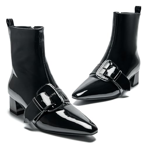 Women's Ankle Boots Chunky Heel Pointed Toe Patent Short Booties Buckle Side Zipper Low Block Heel Fashion Dress Shoes