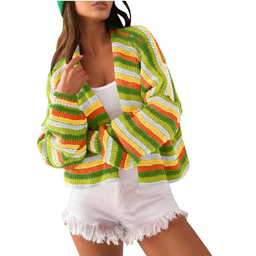 Cardigan en tricot tricoté à rayures colorées ouvert devant maille épaisse grande taille