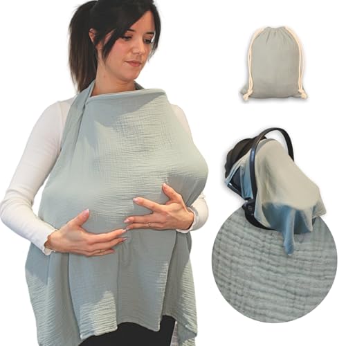 Image of KIDYMOM Nursing Cover for Breastfeeding Mom With Removable Hoop - Soft and Breathable 100% Cotton, Baby Breast Feeding Essentials, Newborn Must Haves Accessories, Nursery Clothes, Lagoon