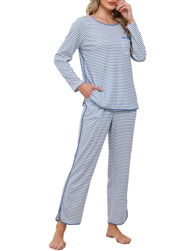 Bloggerlove Women Cotton Pajamas Set 2 Piece Stripe Lounge Pj Set Long Sleeve Top and Pant with Pockets S-2XL
