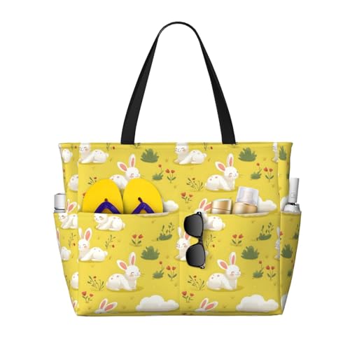 Large Beach Bags for Women Sandproof - Cute Bunny Clouds Print Summer Travel Work Tote Bags with Zipper