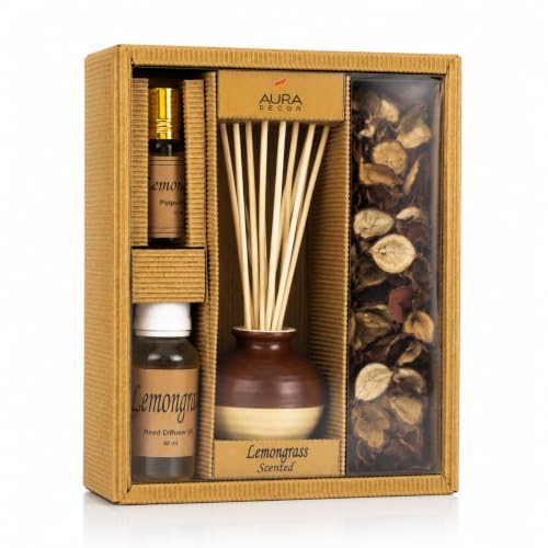 Image of AuraDecor Reed Diffuser Gift Set with Potpourri, Fragrance Oil & 6 Reed Sticks | Air Freshener for Living Room, Bedroom & Office | Decorative Aroma Diffuser Gift Set (Lemon Grass RD 10)