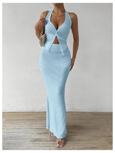 Image of SOLY HUX Women's Two Piece Outfits Twist Front Halter Cami Tops and Skirt Summer Set