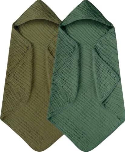 Image of Yoofoss Hooded Baby Towels for Newborn 2 Pack 100% Muslin Organic Cotton Baby Bath Towel with Hood for Babies, Infant, Toddler and Kids, 32x32Inch, Soft and Absorbent Newborn Essential