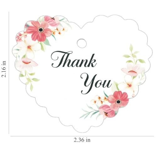 Image of CVANU Heart Shaped Thank You Tags 300-Pcs with Golden String, Floral Design Gift Tags for Wedding Favors| Birthday Party| Small Business Packaging (2.16x2.36 inch) D1