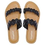 mazeskin Women's Memory Foam Comfortable Flat Banded Two Braided Straps Slide Sandals,Black US7