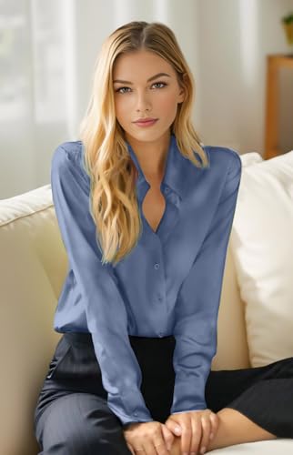 Image of Premium Soft Breathable Stretch Satin Silk Button Down Shirts for Women Long Sleeve Leopard Blouses Work Dress Tops