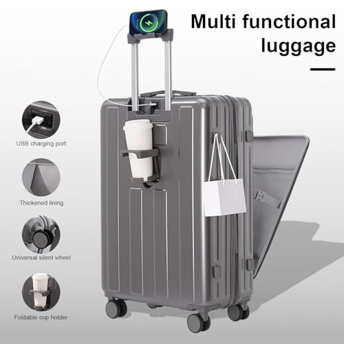 Travel Suitcase, 20" Carry On Luggage Hard Shell Scratch-Resistant Surface with USB Charging Cup Holder & Hook Interface Code Lock, Rolling Travel Suitcase with Wheels Grey2