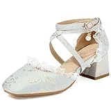  Lizoleor Bloc Bout Carré Dentelle Ruffles Sweet Femmes Sandales Eté Robe Chaussures Lolita Bowknot Bride Cheville Embroiderouge Bleu Taille 41 EU/43Cn