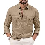 seiveini Camicia Safari da Uomo Maniche Lunghe Camicie Sportiva Outdoor Leggero e Traspirante con con Bottone e Tasche A Cachi M