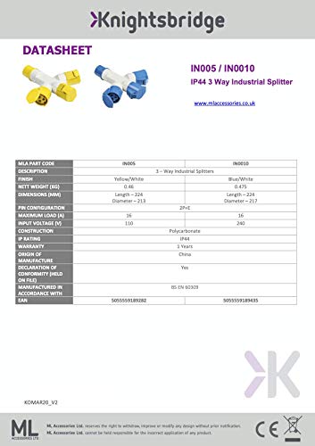 Knightsbridge INAV005 110 V IP44 16 A Way Splitter, Yellow, 110V IP44 16A 2P+E 3 Way Splitter - Image 2