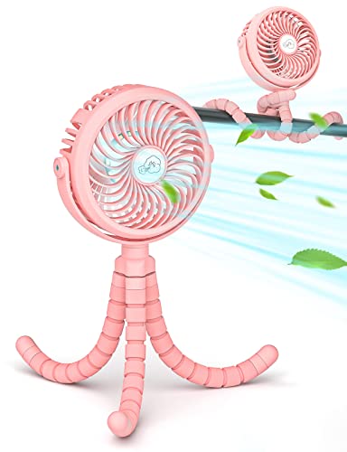 Image of neofeel Stroller Fan, Portable Rechargeable Fan Clip on Stroller/Crib with Flexible Stand, 3 Speeds and LED Lighting Available（Pink）…