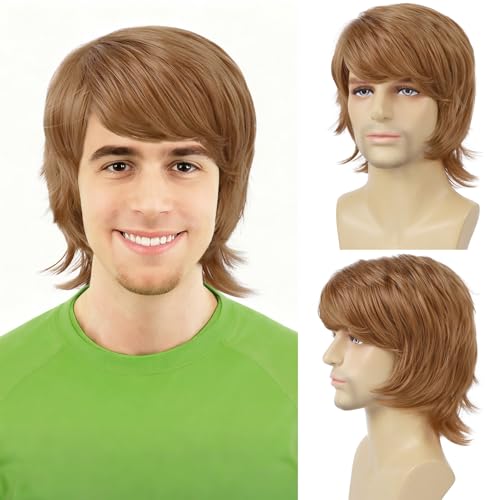 Guree Hair Shaggy Costume Mens Brown Wig Short Layered Heat Resistant Synthetic Wigs for 60s 70s Male Daily Party Cosplay Halloween Use (Mix Brown)