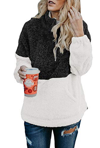 Dokotoo Womens Hoodies Plus Size Casual Sweater Fall Soft Oversize Sherpa Fluffy Fleece 1/4 Zip Color Block Fashion Sweatshirts Pullover Pockets Outerwear Coat Light Grey XX-Large