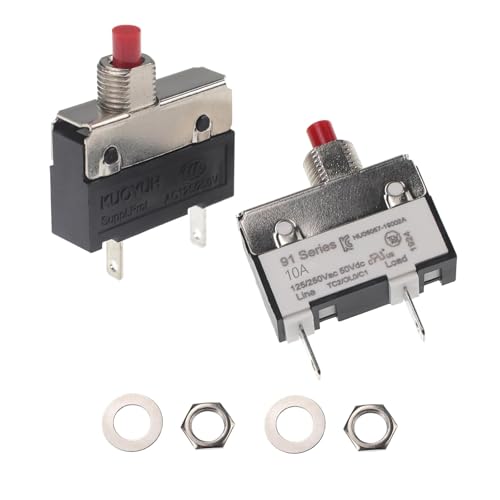 Image of 2pcs 125/250V AC 50V DC Push Button Thermal Circuit Breaker 10 Amps, Overload Protection Quick Connect Terminals Manual Reset Switch for Motor Blender Upright Vacuum Cleaner Coffee Grinder 10A
