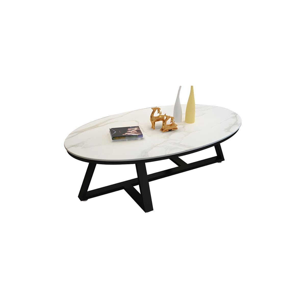 Table Basse Ovale Nordique en marbre – Plateau Blanc/Gris, Base Noire – 100 x 49 x 46 cm