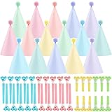 JOYEONDEF 48 Pcs Pastel Birthday Party Hats Includes 16 Pastel Rainbow Party Birthday Party Cone Hats and 32 Colorful Noise Makers for Birthday Baby Shower Bridal Wedding Party Supplies