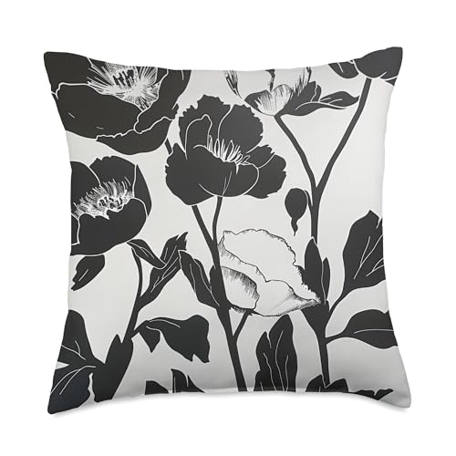 Vintage Black & White Peony Flower Throw Pillow